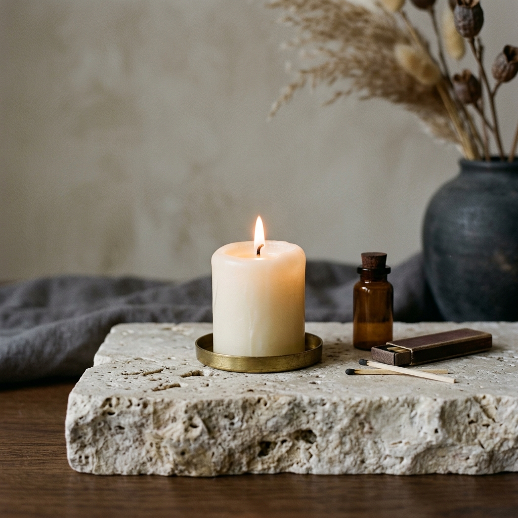 Lit candle on raw travertine