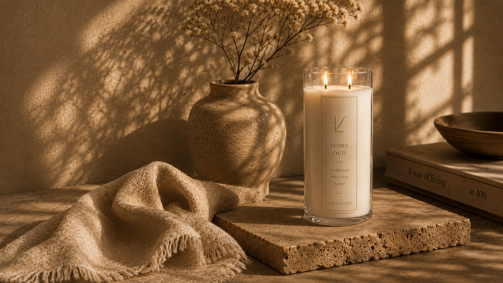 Ivory Oud candle in warm ambient setting